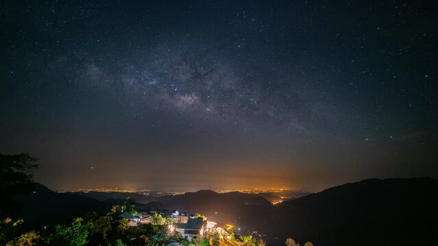 Timelapse Starry night sky with the Milky Way over the village
