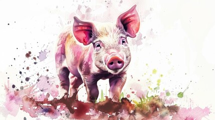 Cheerful piglet, watercolor clipart, frolicking in mud, vibrant splashes, isolate on white background. Perfect for a playful, joyful theme.