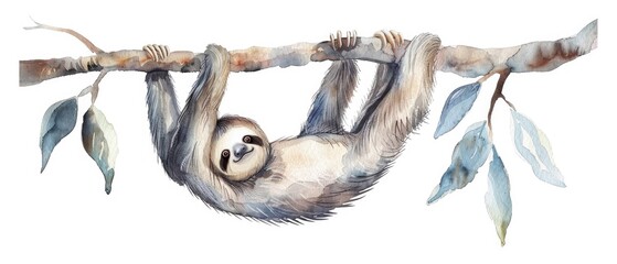 Fototapeta premium Cozy sloth hanging lazily from a tree branch, watercolor clipart, with soft, dreamy hues, isolate on white background. Perfect for a tranquil vibe.