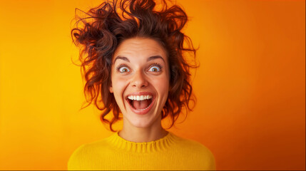 surprised woman, portrait on orange background, happy smiling, isolated