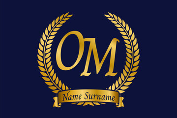 Initial letter O and M, OM monogram logo design with laurel wreath. Luxury golden calligraphy font.