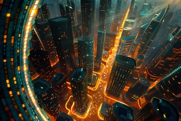 Fotobehang Twilight descends on a futuristic metropolis, its luminous arteries ablaze with life © Shutter2U