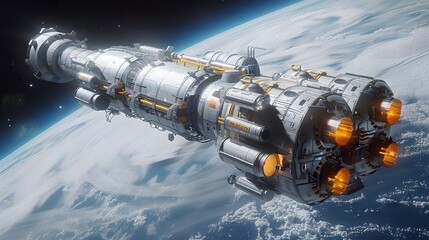 3D illustration of a next-generation space exploration spacecraft, with sleek design, advanced propulsion systems, and modular living spaces, portrayed in ultra HD realism.