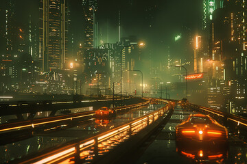 Twilight descends on a futuristic metropolis, its luminous arteries ablaze with life