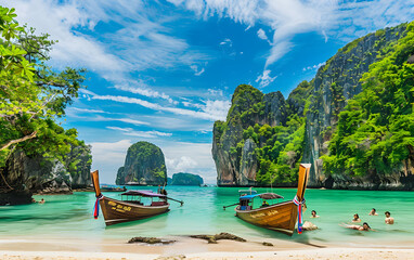 Panorama amazed nature scenic landscape Maya Bay with boat for traveler, Attraction famous popular place tourist travel Phuket Thailand beach summer vacation trips, Tourism beautiful destination Asia - obrazy, fototapety, plakaty