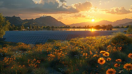 3D illustration of a next-generation solar power plant, with advanced photovoltaic panels, efficient energy storage systems, and sustainable infrastructure, portrayed in ultra HD realism. - obrazy, fototapety, plakaty