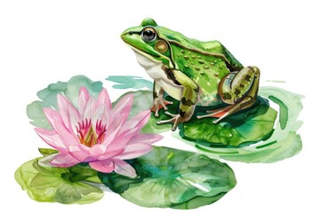Playful watercolor clipart of a frog with a water lily, vibrant and lively, isolate on white background. Captures the essence of pond life.