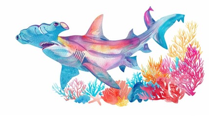 Playful watercolor hammerhead shark, clipart, doing a happy swim dance among coral reefs, vibrant colors, isolate on white. Captures the joy of sea life.
