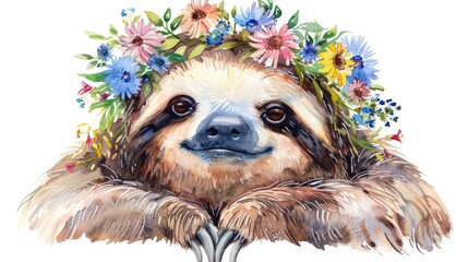Fototapeta premium Serene watercolor clipart, sloth with a gentle smile, adorned with a crown of wildflowers, isolate on white. Symbolizes peace and nature's beauty.