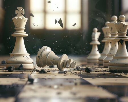 A chessboard with pieces toppling over, illustrating the strategic and destructive games in corrupt politics