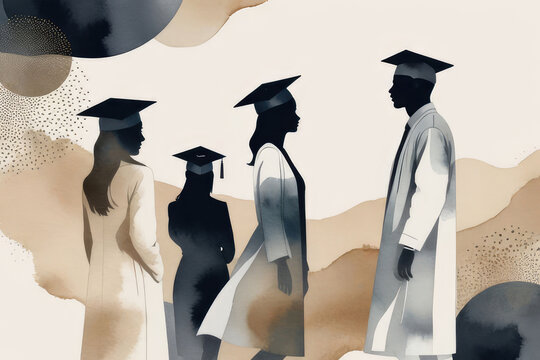Silhouettes of students wearing graduation caps in water color painting in neutral monochrome color palette.