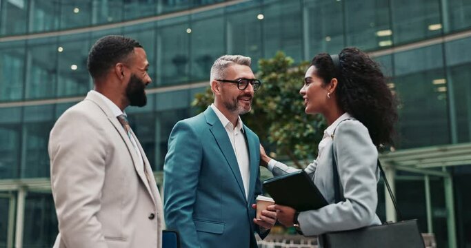 Business people, handshake and meeting with team for partnership, b2b or greeting in city. Group of happy employees shaking hands for outdoor introduction, deal or agreement together in an urban town
