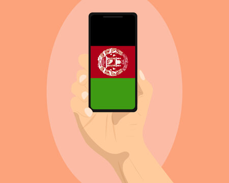 Afghanistan flag on mobile phone screen, holding smartphone, advertising social media or banner concept
