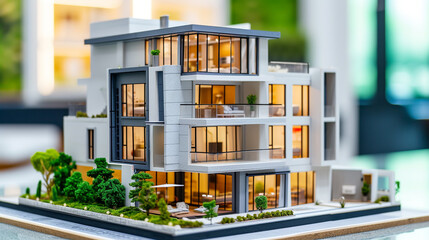A detailed model of an apartment building, showcasing the exterior design and interior layout in full color.