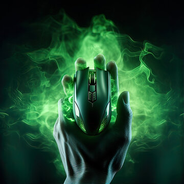 High technology computer gaming mouse with green troll hand holding it in dark green tone with smoke
