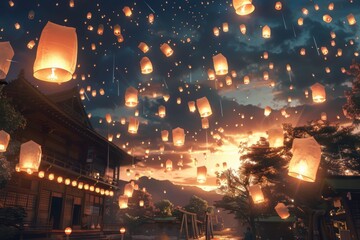 Anime Scene A lively festival, where every lantern carries a different wish into the night sky