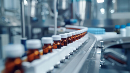 A macro shot of a sterile bottle filling line in a pharmaceutical plant emphasizing automation in liquid drug packaging - obrazy, fototapety, plakaty
