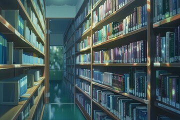 Anime Scene A quiet library, where each book holds a different universe waiting to be explored