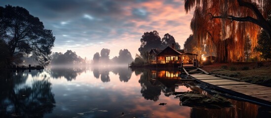 A charming small house positioned on the calm water surface with a wooden dock stretching out into the serene lake - obrazy, fototapety, plakaty