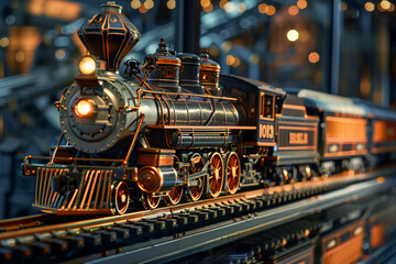 a toy train, in the style of grandeur of scale, is captured in a photographically detailed portrait on a dark night. the dark orange and light gray tones create a captivating contrast - obrazy, fototapety, plakaty
