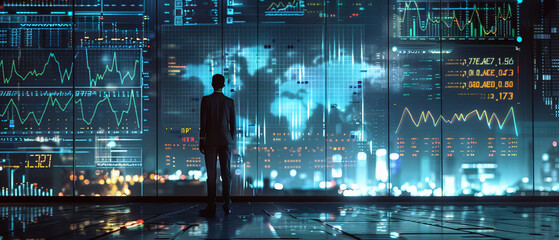 Corporate data streams alive on monitors, charting the ebb and flow of market trends