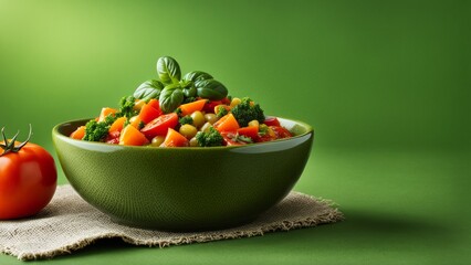 Vegetarian dishes on a background in green tones