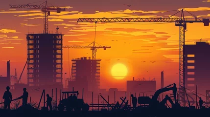 Fotobehang Depiction of a busy construction site at sunset, with workers and machinery in silhouette, symbolizing ongoing residential development © Shutter2U