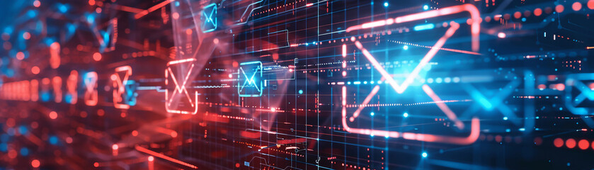 Cybersecurity concept with digital envelopes and shields, the guardians of online communication