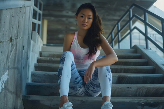 A beautiful young asian woman wearing sportswear is seen sitting on a staircase, taking a break and relaxing after a workout session. The image portrays a sense of peace and inner balance.