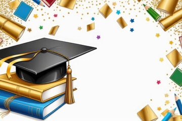 Congrats graduates background with books and graduation hat with confetti. - 765018504