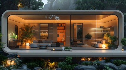 a sleek 3D rendering of a futuristic smart home, with integrated IoT devices, automated systems, and minimalist design.