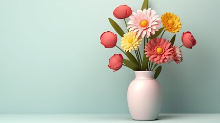3D Flower, Vase of Colorful Spring Flowers on Light Blue Pastel Background. Copy Space for Mother's Day, Wedding, Valentine's Day, or Women's Day Banner or Poster