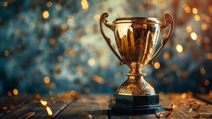 Trophy cup standing on wooden table against blurred background with falling confetti