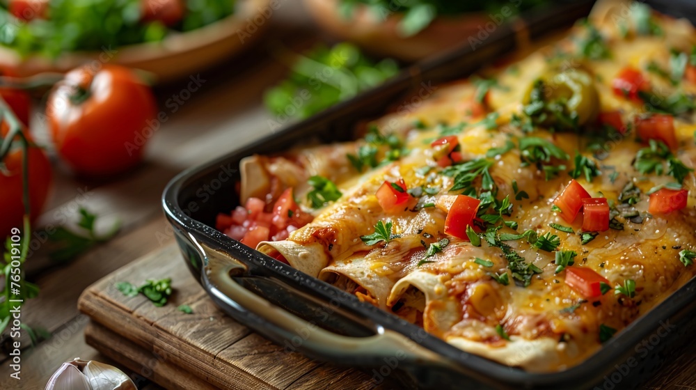 Wall mural Baked Enchiladas Topped With Melted Cheese, Fresh Tomatoes, And Herbs In A Pan, Surrounded By Ingredients, Cozy Kitchen Setting. Mexican Cuisine. AI Generated - Wall murals
