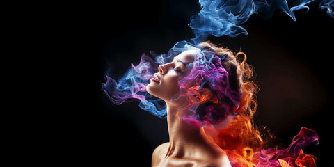 portrait of a beautiful woman surrounded by colored smoke, against a dark backgroundportrait of a beautiful woman enveloped - 765019145