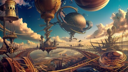 A richly detailed steampunk-inspired digital art piece, featuring elaborate airborne structures and vessels against a dynamic cloud backdrop - obrazy, fototapety, plakaty