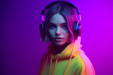 Girl wearing headphones with neon glow in front of purple background 