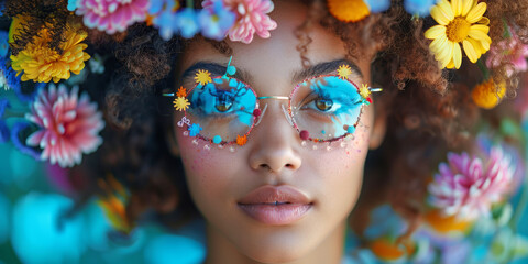 A woman adorned with a floral arrangement and stylish eyewear, embodying nature and fashion.