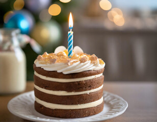 Um bolo confeitado com uma vela palito acesa, sobre a mesa em ambiente decorado para festa de aniversário, com balões desfocados ao fundo. - obrazy, fototapety, plakaty