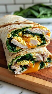 A Healthy Wrap With Melted Mozzarella And Egg Whites. Healthy Cheese Wrap With Protein, Turkey, Fresh Spinach And Flatbread Dough.