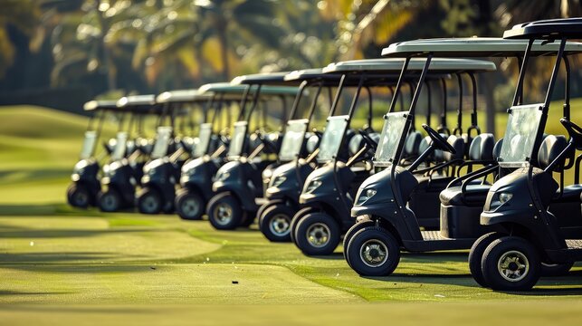 There are many golf carts for golfers on a golf course. Golf carts at a luxury resort sport venue are lined up neatly in a row., golf day