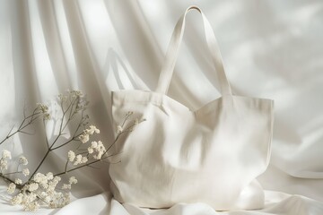 White cotton and linen bag Mockup with Boho Floral Accents