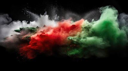 Launched colorful powders, isolated on black background studio. Black, green, red and white colors powder. Palestine flag.