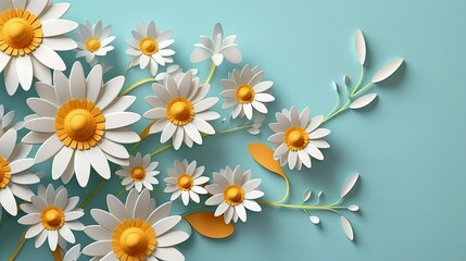3D Paper Craft Chamomile Flowers on Blue Background. Perfect for Spring Greetings Paper Cut Style. Copy Space for Happy Mother's Day, Women's Day, Wedding, Anniversary Banners, or Posters