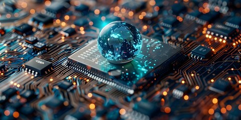 Thriving global electronic industry encompasses international trade and economic globalization. Concept Global Electronic Industry, International Trade, Economic Globalization - obrazy, fototapety, plakaty