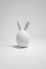 Naklejka na ściany i meble one white egg with rabbit ears on a plain white background, digital minimalism style, clean ai generated illustration, copy space for text.