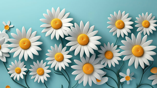 3D Paper Craft Chamomile Flowers on Blue Background. Perfect for Spring Greetings Paper Cut Style. Copy Space for Happy Mother's Day, Women's Day, Wedding, Anniversary Banners, or Posters