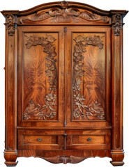 Antique wooden wardrobe with ornate details, cut out transparent