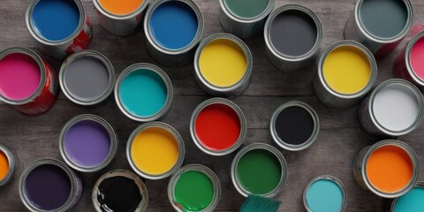 Top view of paint cans and paintbrush on wooden table, panorama.