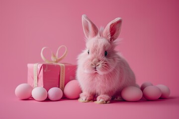 Fototapeta premium Easter concept, stuffed bunny and egg holiday gifts